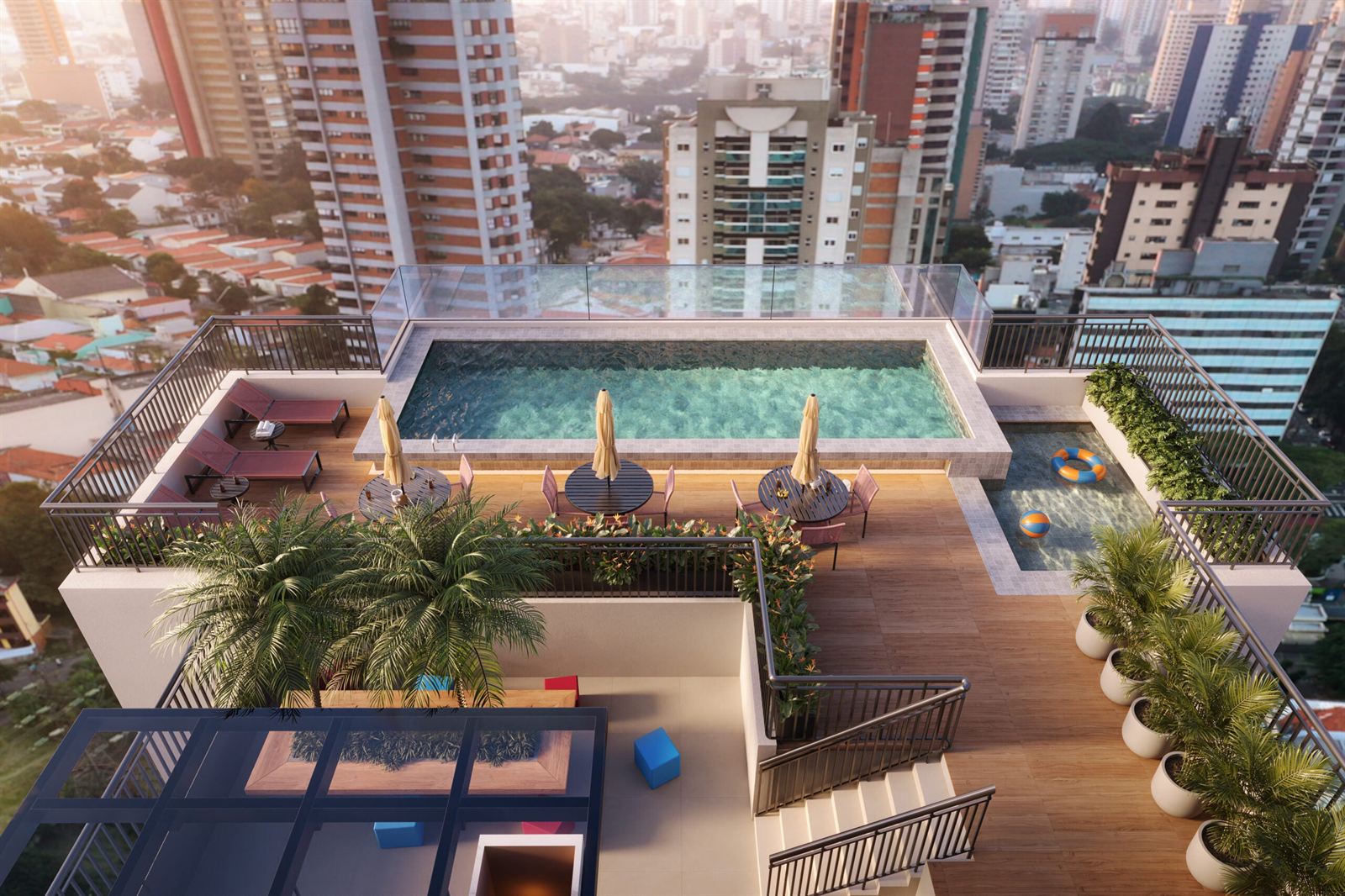 Rooftop com piscina e vista para a cidade